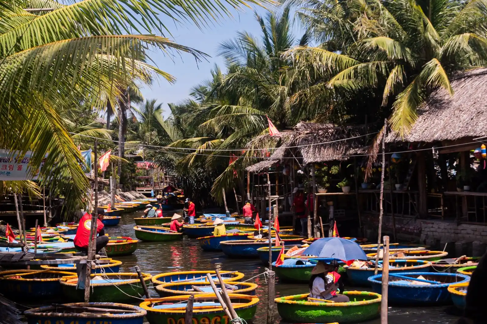 Basket boats on a palm-lined canal in Ben Tre