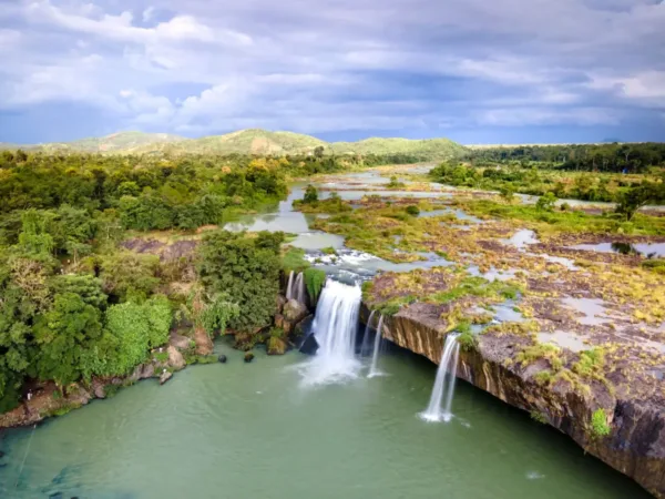 Aerial view of Dray Nur Waterfall flowing through the Central Highlands near Buon Ma Thuot