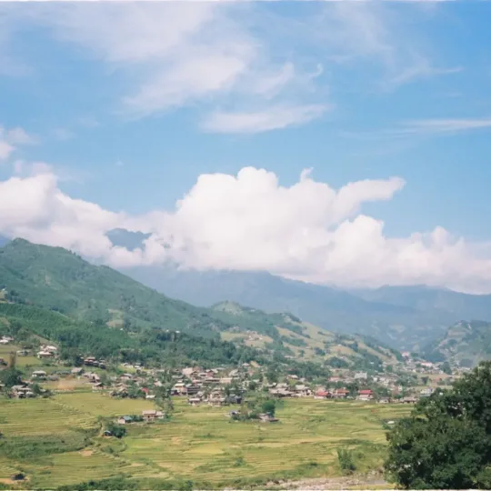 Terraced rice fields and a village among green hills in Sapa