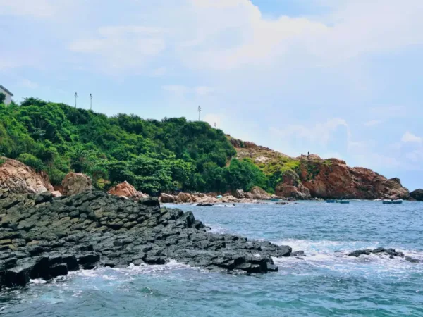 Hexagonal basalt rock formations along the coast at Ghenh Da Dia, Phu Yen